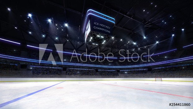Picture of Empty ice hockey arena indoor playground view illuminated by spotlights hockey and skating stadium indoor 3D render illustration background my own design